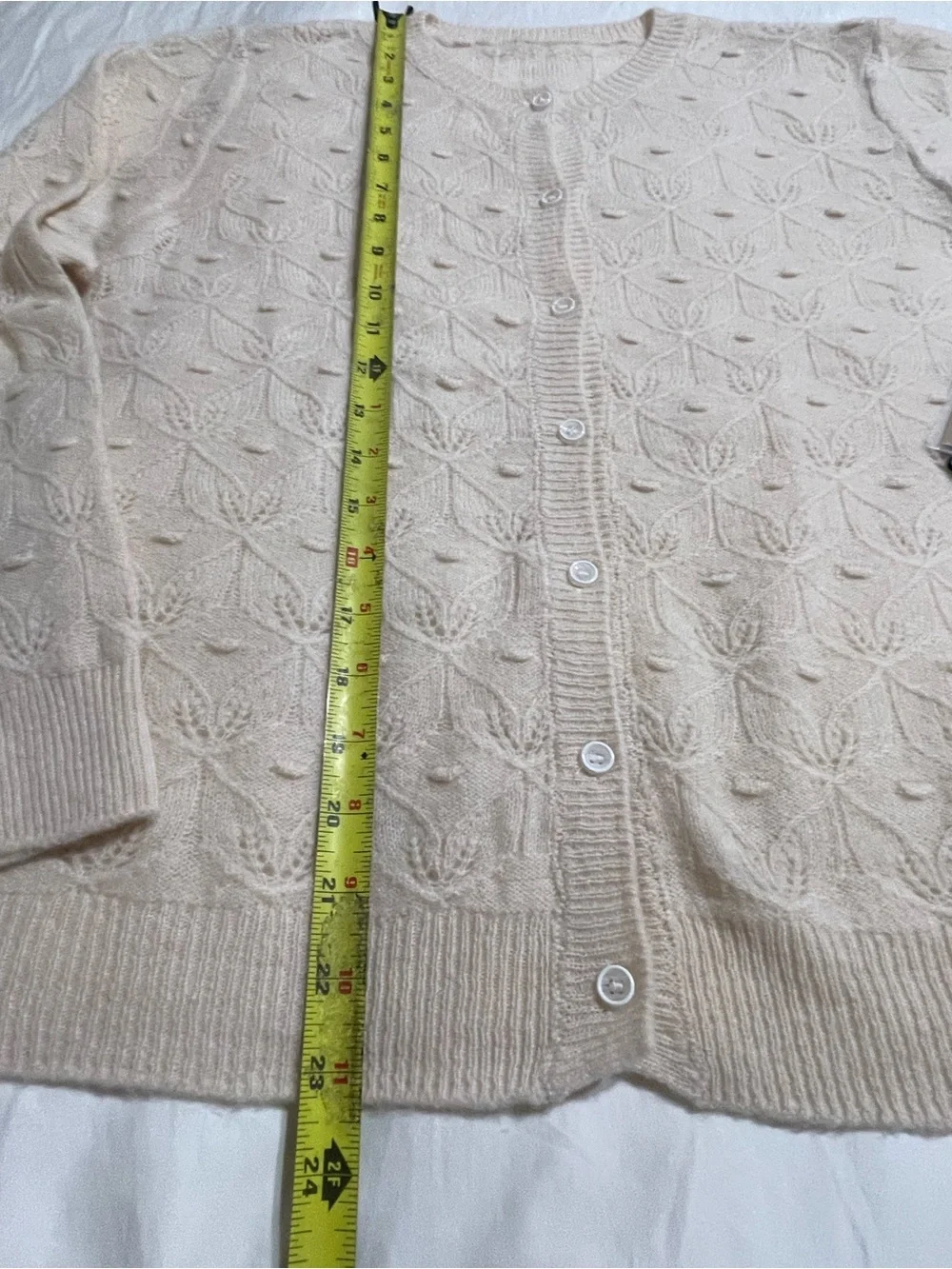 100% Merino Wool Pointelle Knit Cardigan Sweater Cream Leaf
